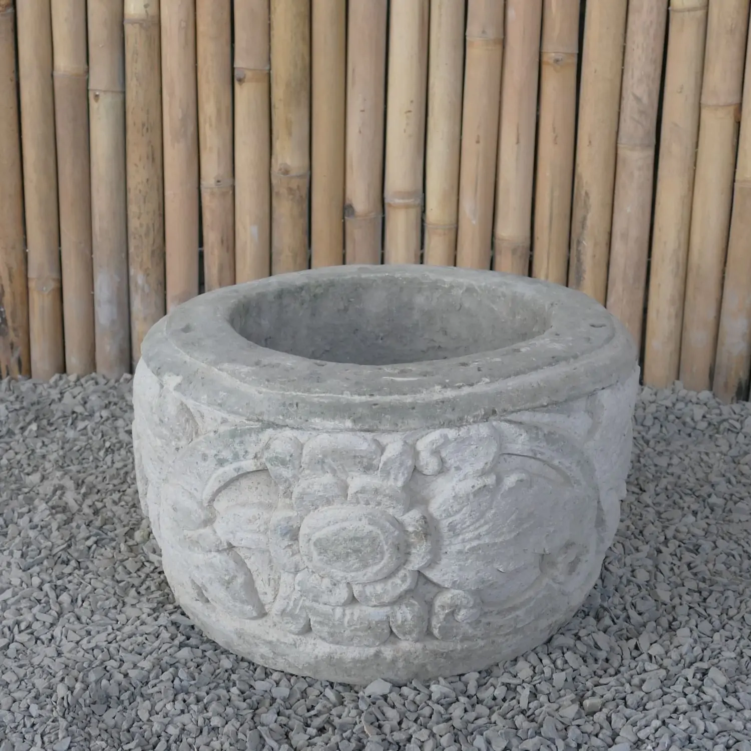  Product image 6 of the product “Balinese style flat round pot, with carving - 50cm Dia., 30 cm Height, Taro sand ”